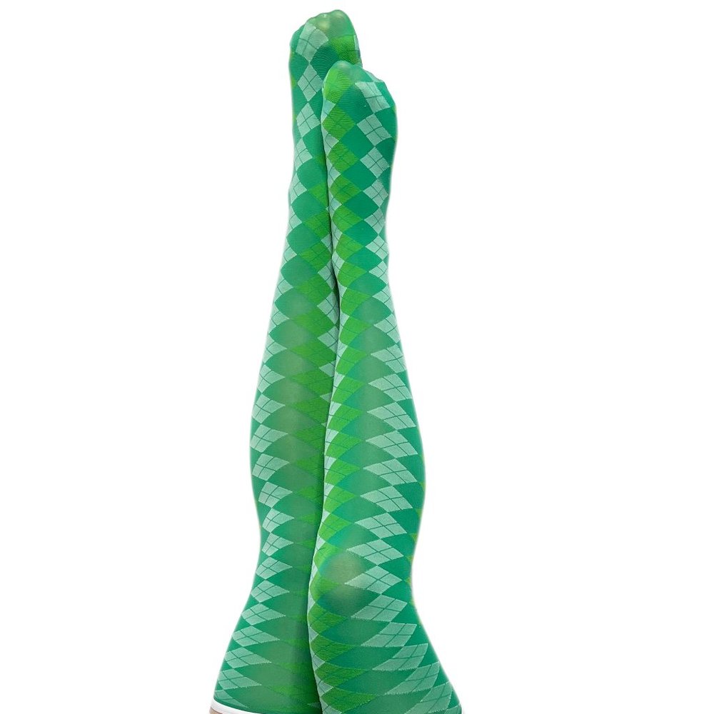 Kixies Par 4 Green Argyle Thigh High Stockings No Slip Grips Lingerie NEW